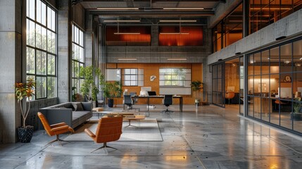 Modern open-concept office space with large windows, stylish furniture, and industrial design elements for a dynamic work environment.