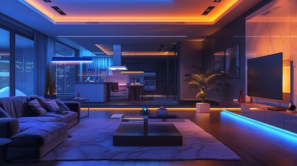 Fototapete - A modern living room with sleek furniture and ambient lighting, showcasing the benefits of a smart home with integrated technology. Generative AI