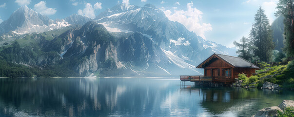 Wall Mural - Alpine hut overlooking a mountain lake, cozy retreat, tranquil waters, scenic beauty.