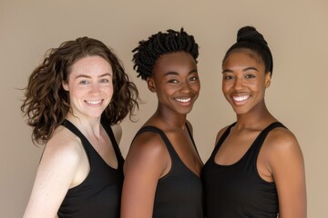 Wall Mural - Three Multi Ethnic Group of Womans with diffrent types of skin and age groups together and looking on camera. Diverse ethnicity women - Caucasian, African and Asian posing and smiling.