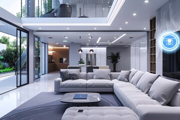 Fototapete - Modern smart living room with AI technology, voice assistants, automated lighting, and security systems in a sleek and contemporary setting. Generative AI