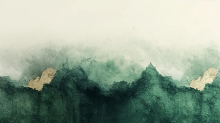 Wall Mural - A painting of mountains with a green background and gold accents