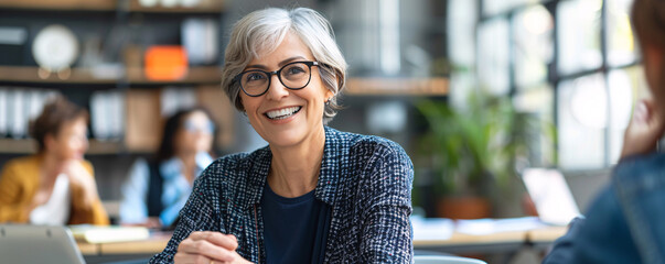 Wall Mural - Senior businesswoman smiling during a business meeting with colleagues in the background