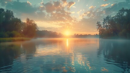 Poster - Glowing Sunrise Reflecting on Serene Lake Embracing the Energy of New Beginnings