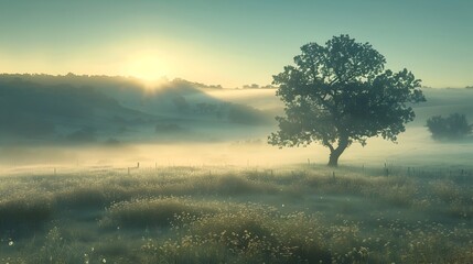 Wall Mural - Misty Landscape Revealing Vibrant Nature Symbolizing Clarity and New Beginnings