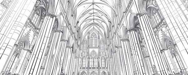 Wall Mural - A line art drawing of an ancient cathedral with soaring spires and stained glass windows, its interior filled with a sense of awe and wonder.