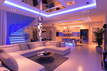 Fototapete - A contemporary living space showcasing the latest smart home technology, including automated lighting and security systems. Generative AI