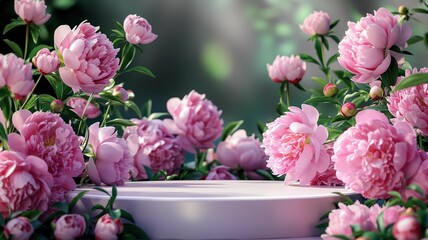 Wall Mural - An empty podium for advertising the product, against a background of pink peonies.