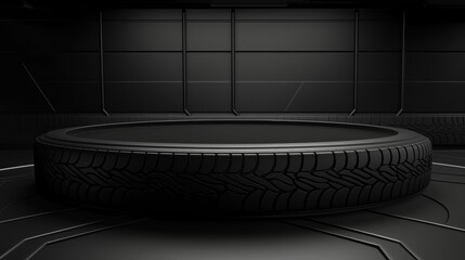 Wall Mural - Tire Podium in the center on a black background. Car wheel, texture pattern. Brutal background. An empty 3d showcase for displaying goods.