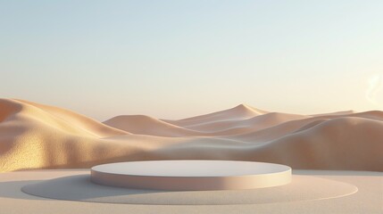 Wall Mural - An empty stage for the demonstration of goods, against the background of the desert, sand and dunes. 3D.