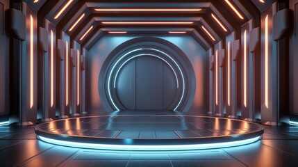 Wall Mural - An empty futuristic podium, a corridor with columns.