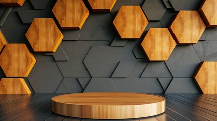 Wall Mural - Empty stage for product demonstration, wooden honeycomb hexagons, 3D.