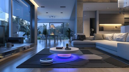 Fototapete - A sleek and contemporary living room in a modern smart home features automated lighting and a focus on technology. Generative AI