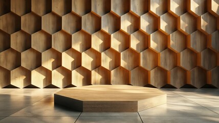 Wall Mural - Empty stage for product demonstration, wooden honeycomb hexagons, 3D.