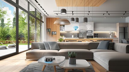 Fototapete - Modern smart home with AI devices - voice assistants, automated lighting, and security systems. Comfort and technology blend seamlessly for a sophisticated living space. Generative AI