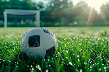 Wall Mural - A soccer ball with dew drops on a grassy field in the morning light. The goalpost is visible in the background