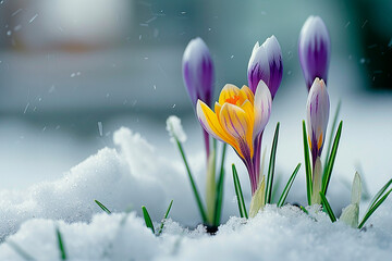 Sticker - Crocuses emerging through the snow with delicate petals and green leaves. The background is out of focus