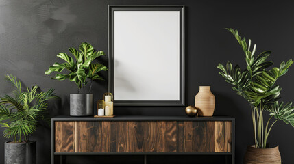 Wall Mural - Mockup poster frame on shelf with aesthetic decor, wooden and black colors. Cozy dark interior. Generative AI