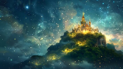 Wall Mural - Enchanted Castle on a Lush Hill Under Sparkling Night Sky for Fairy Tale Stories