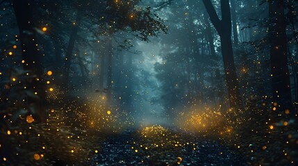 Canvas Print - Enchanted Dark Forest with Glowing Fireflies Magical Atmosphere and Contrasting Shadows