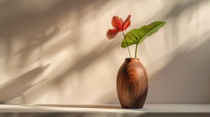 Wall Mural - Crafted Idigbo wood vase with faux flower in morning light