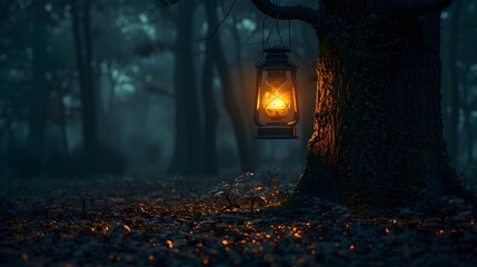 Canvas Print - Eerie Lantern Casting Shadows in Mysterious Dark Forest Landscape