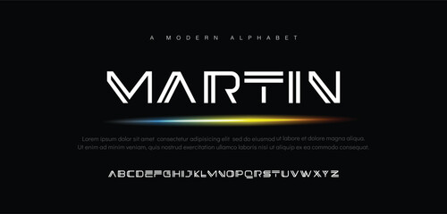 Martin Creative modern alphabet. Dropped stunning font, type for futuristic logo, headline, creative lettering and maxi typography. Minimal style letters with yellow spot. Vector typographic desi