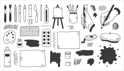 Artist Items Doodle Set. Collection of paint creativity line icons and symbols. Professional and hobby equipment supplies brush pencil ink tube hand gesture