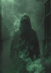 A dark hooded figure stands in the corner of an old prison cell, surrounded by fog and green light.