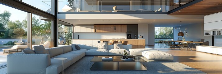 Poster - A modern smart home living room with sleek furniture, large windows, and natural light. The room features AI-powered devices for convenience and comfort. Generative AI