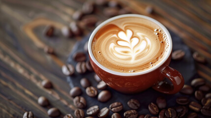 A detailed close-up of a rich, creamy cappuccino with latte art on top