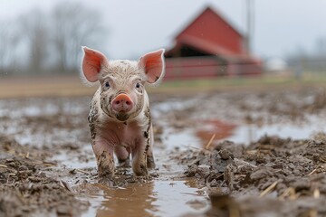 A playful piglet covered in mud, standing in a muddy puddle with a big smile. The background shows a rustic barn 