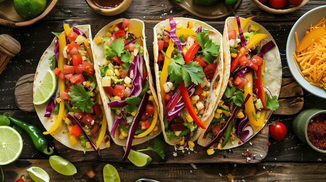 A vibrant and colorful taco spread with various fillings, toppings, and a side of lime wedges