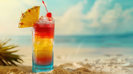 A vibrant tropical cocktail with layers of bright colors, garnished with a slice of pineapple and a cherry