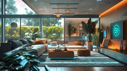 Fototapete - An image of a modern smart home living room with AI-driven devices like voice assistants, automated lighting, and smart security systems. Generative AI