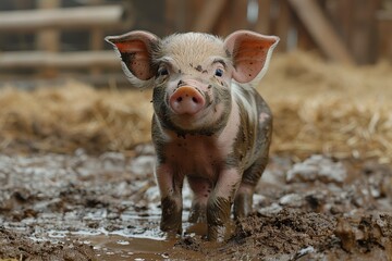 A playful piglet covered in mud, standing in a muddy puddle with a big smile. The background shows a rustic barn 