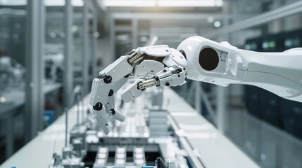 A robotic arm is engaged in catching components for an electronic assembly line, highlighting its role in smart technology manufacturing processes.