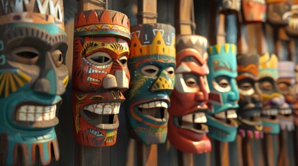 A bunch of wooden masks hanging on a wall