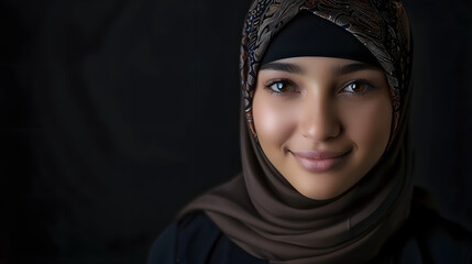 Wall Mural - Elegant Young Woman Wearing Hijab with Confident Smile on Black Background