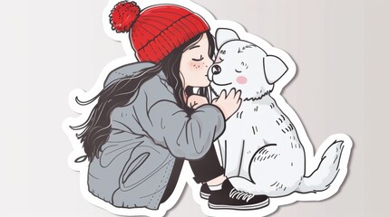 Wall Mural - A girl kissing a white dog with a red hat