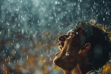 Soccer player screaming under heavy rain during championship