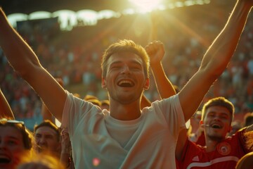 Wall Mural - Young man cheering with arms raised at soccer match