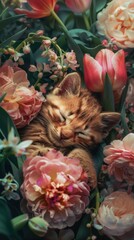 Wall Mural - A kitten sleeping in a bed of flowers