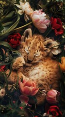 Wall Mural - A tiger cub laying in a bed of flowers
