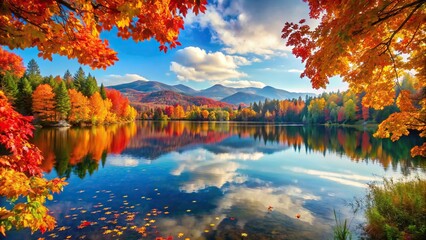 Wall Mural - Vibrant autumn landscape with colorful leaves, serene lake, and distant mountains, Autumn, landscape, fall, colors, foliage
