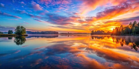 Wall Mural - Sunrise over a serene lake with vibrant colors reflecting on the water surface , sunrise, lake, morning, reflection, water, peaceful