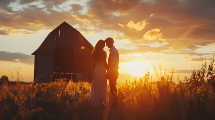 Silhouetted Couple s Romantic Country Sunset in Rustic Barn Setting