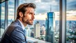 © theartcreator - A man with a thoughtful expression looks out a window at a bustling cityscape.