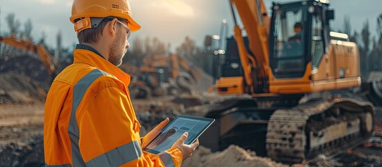 Wall Mural - engineer in a helmet with a digital tablet next to construction excavator. copy space image. place f
