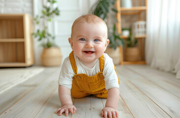 Wall Mural - A cute baby is crawling on the floor, wearing yellow overalls and white tshirt, laughing happily with big eyes looking at camera